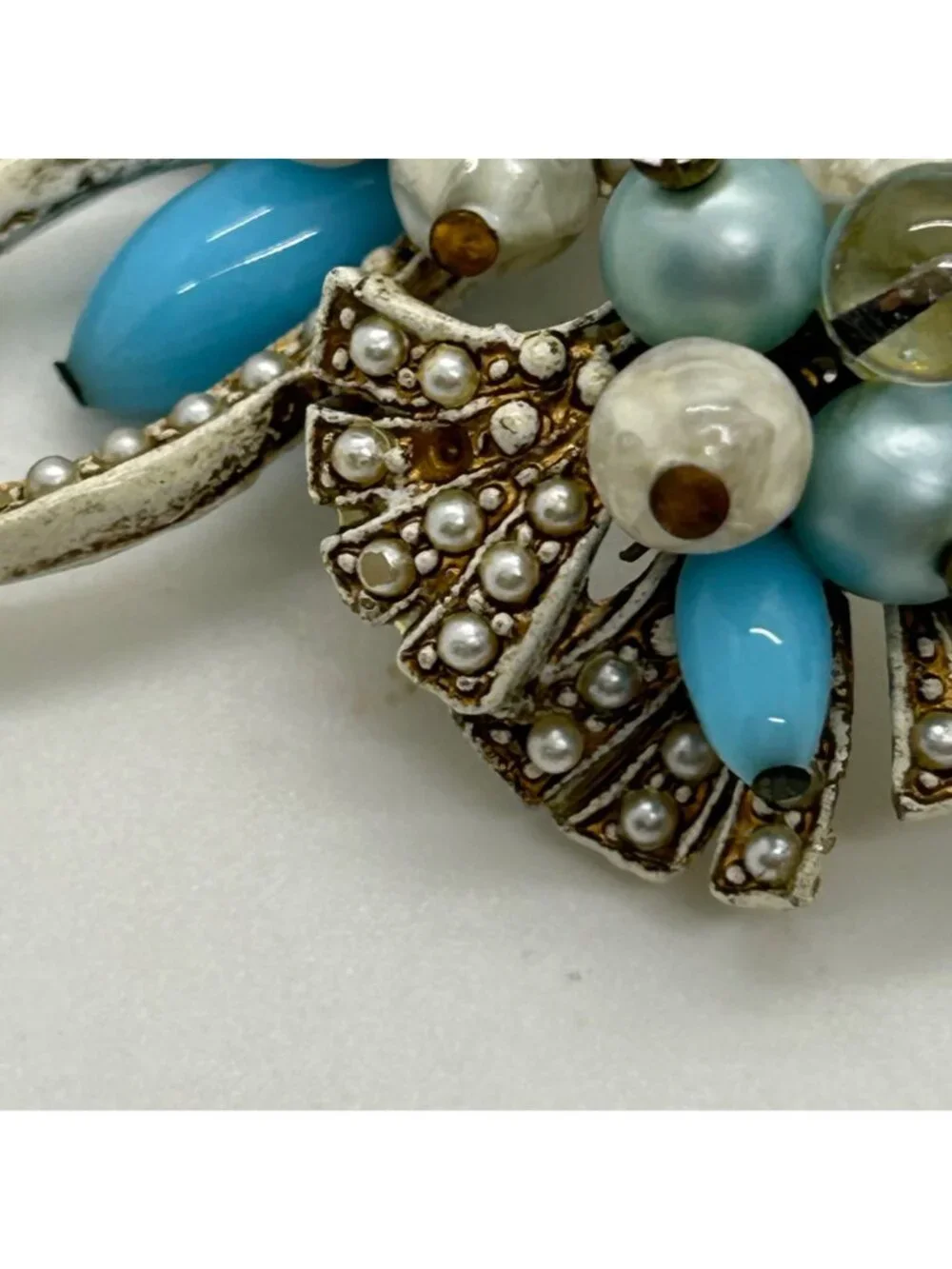 Vintage Coro Pin Brooch With Faux Pearls Faux Turquoise Beads, Floral Bow READ